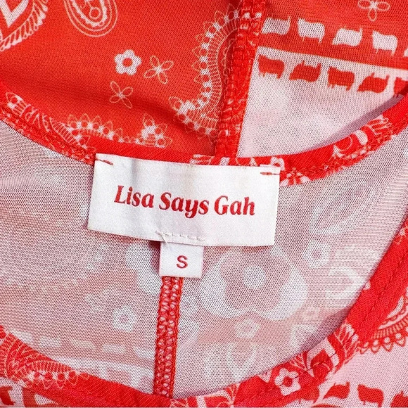 Lisa Says Gah Ariel Tank Top Shirt Sleeveless Bandana Sheer Print Pattern Red - Picture 3 of 8